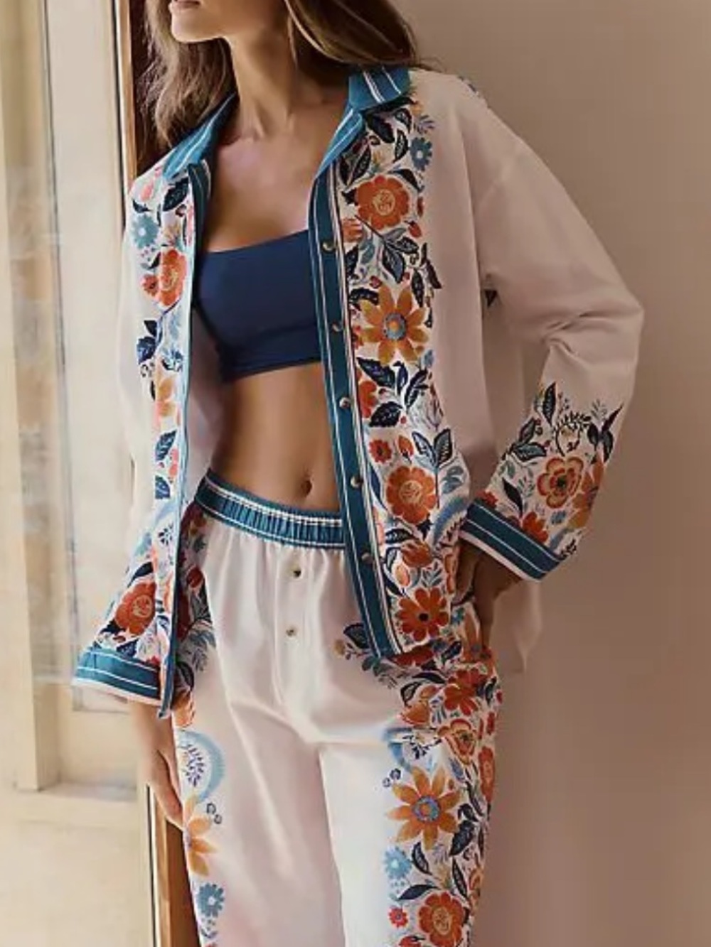 Anthropologie White With Teal Blue And Orange Floral Design Shirt - Picture 2 of 15